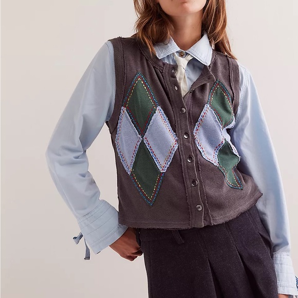 Free People Jackets & Blazers - Free People Charcoal Gray Knit Vest with Green & Light Blue Argyle